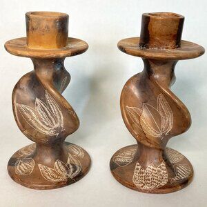 Vintage Soapstone Candlestick Holders Hand Carved Kenya